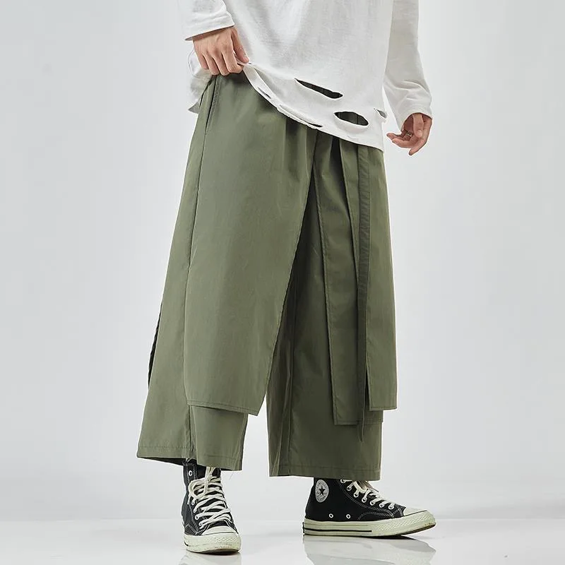 Men Japanese Yamamoto Style Dark Oversize Loose Skirts Pants Male Irregular Ins Chic Fake-2pcs Knight Trendy Fashion Y2K Trouser