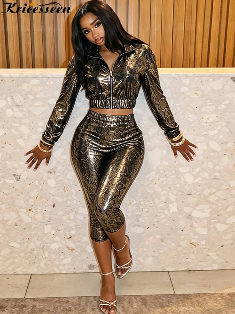 Kricesseen Sexy Shiny Metallic Snakeskin Print 2 Piece Sets Women Long Sleeve Zipper Jacket and Pants Casual Matching Outfits