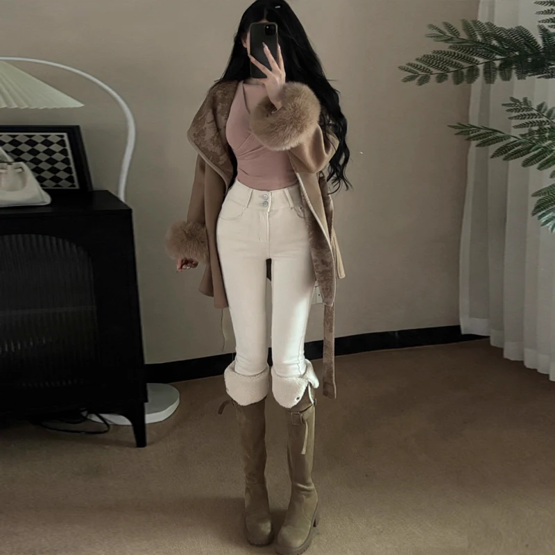 Sexy High Waist Fleece Lined Slim Fit Jeans Milk White Waist Training Butt Enhancing Casual Cotton Blend High Stretch Denim