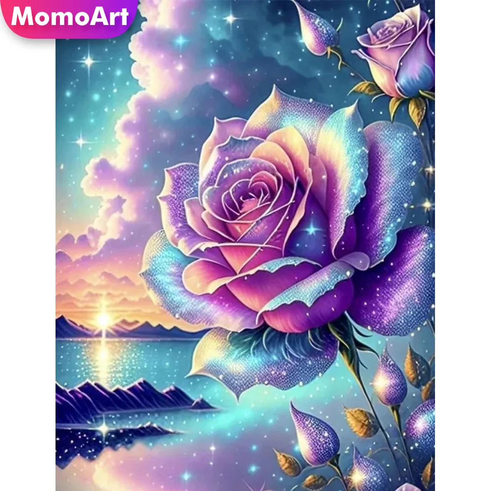 MomoArt Diamond Mosaic Rose Flower Full Square Round Diamond Painting Seaside Embroidery Sunset Beaded Home Decor