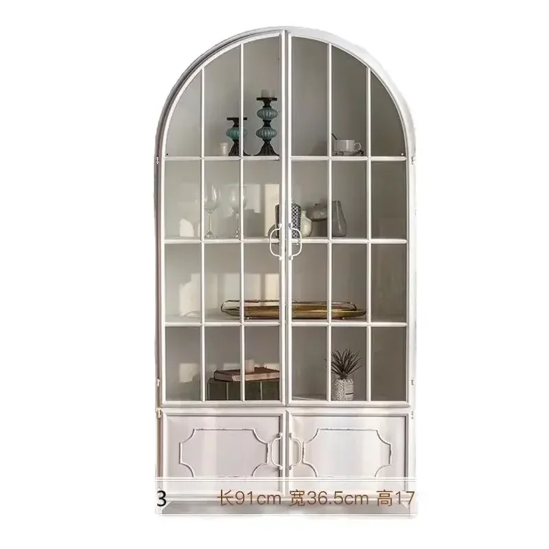 ~Y French Style Retro Iron Art Arch Bookcase Wall Living Room White with Glass Door Floor Storage Cabinet Glass Cabinet Furnitur