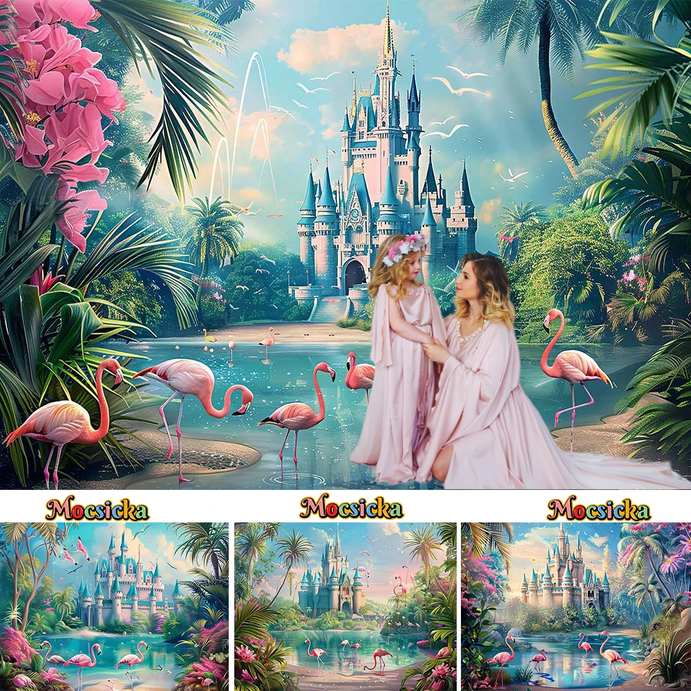 

Summer Flamingo Wonderland Background for Girls Birthday Party Castle Lake Palm Trees Forest Backdrop Princess Baby Show Photo