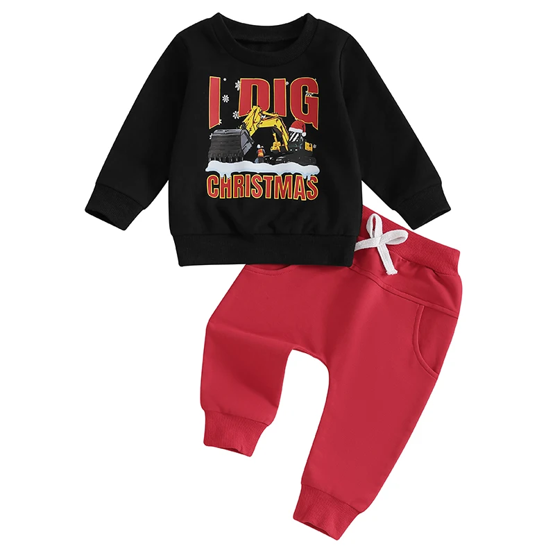 

Baby Boy Christmas Outfit Digger Print Long Sleeve Sweatshirt and Elastic Pants 2 Piece Clothes for Toddler