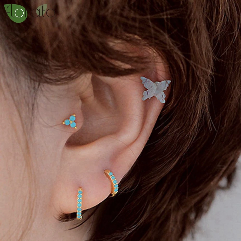 925 Sterling Silver Needle Blue Turquoise Three Petal Flower Earrings for Women Fashion Stud Earrings Senior Wedding Jewelry