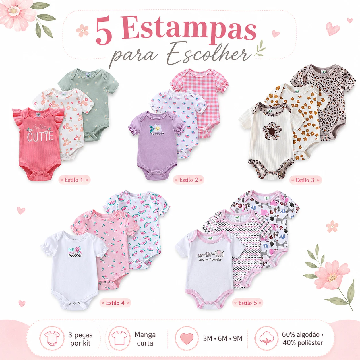 Conjunto com 3 Bodies para Bebê Menina