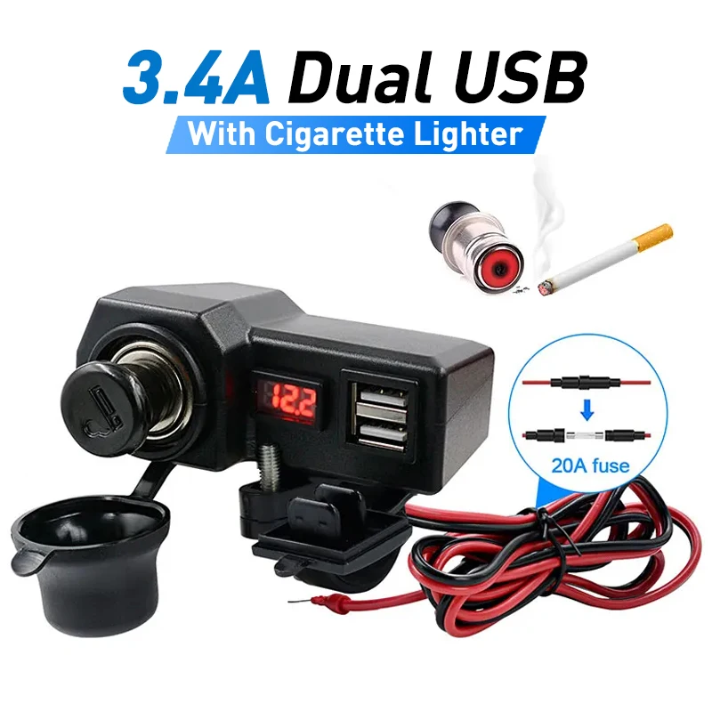 شاحن USB مزدوج للدراجات النارية مع منفذ مقبس ولاعة السجائر وعرض درجة الحرارة والجهد للهاتف اللوحي للشحن السريع