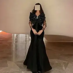 Customized Sparkling Sequin Mermaid Jersey Evening Dress With Crystal Large Bow Off The Shoulder Lace Long Sleeve Casual N Prom