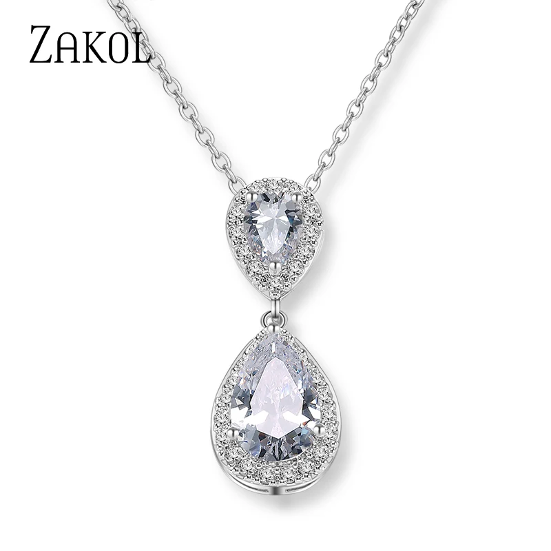 ZAKOL Trendy Water Drop Cubic Zircon Pendants Necklaces for Women Bridal Party Wedding Jewelry