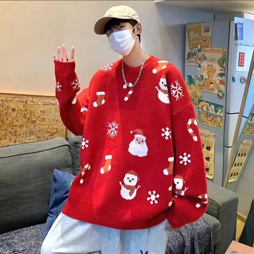

Santa Claus Snowflake Round Neck Sweater Men Winter Trendy Fat Man Loose Sweater Jacket
