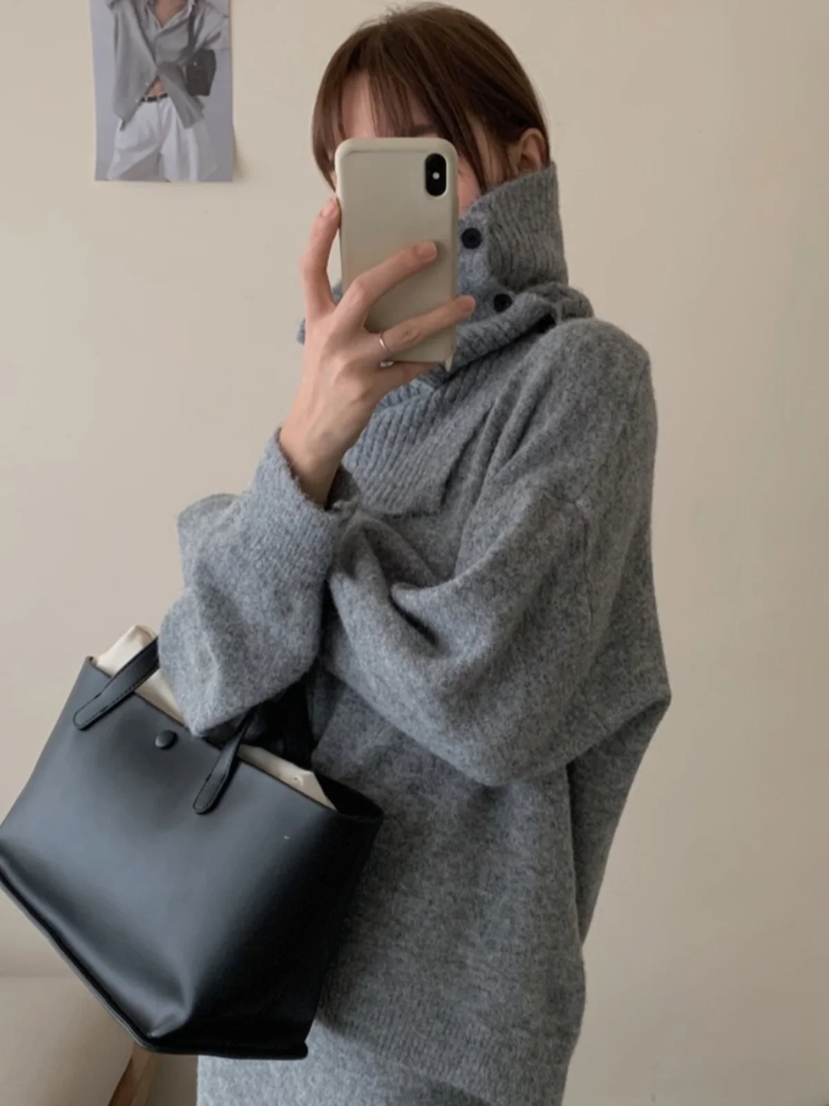 부드럽고 아늑한 넥워머 니트 스웨터 겨울 상의 하프 스커트 투피스 세트 한국 스타일 루즈핏 긴팔 라운드넥