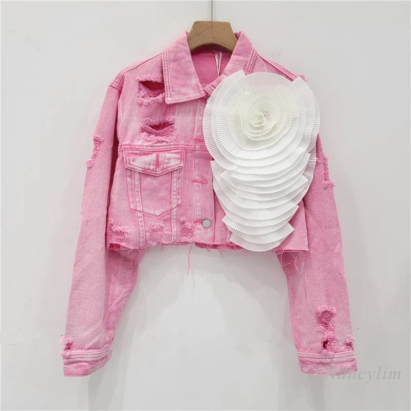 Fashion Tie-Dye Pink Ripped Cool Three-Dimensional Flower Design Short Denim Coat Female Fashionable Jacket Street Jackets