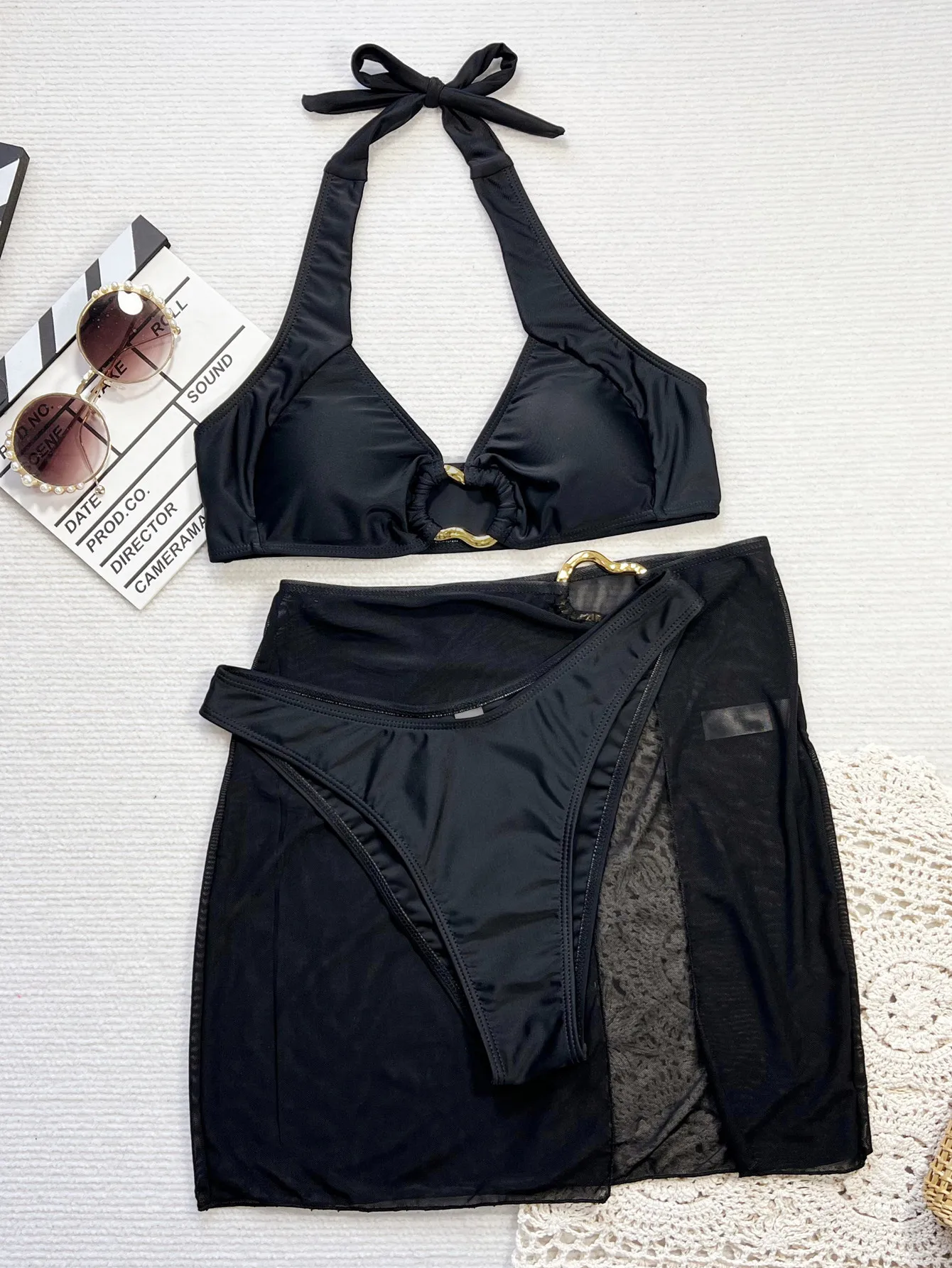 Bikinis sexys 2025, nuevo conjunto de Bikini negro de 3 piezas para mujer, traje de baño femenino con falda de malla, traje de baño