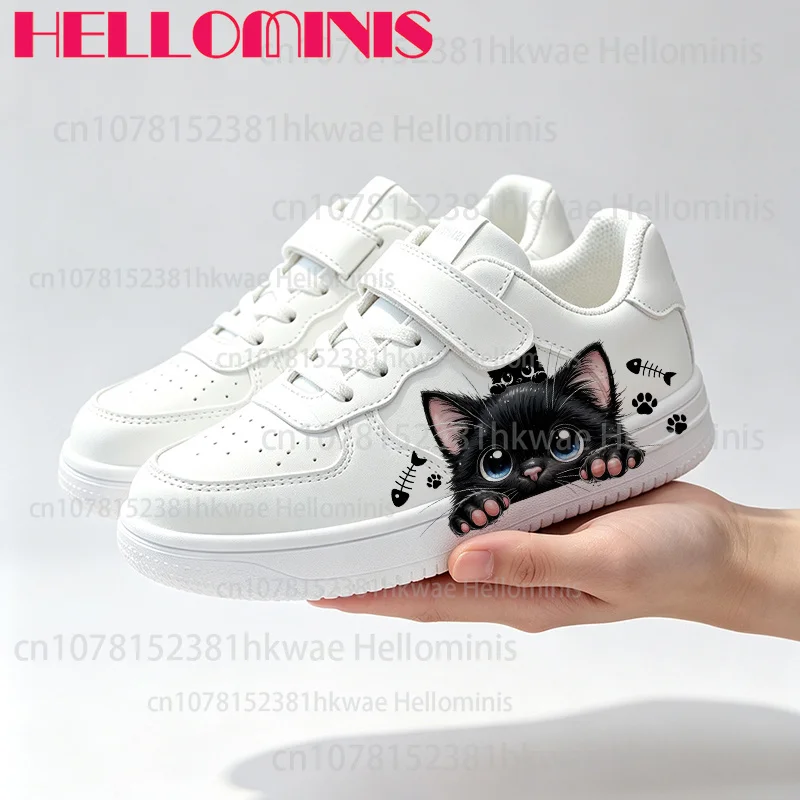 Children Cute Kitten Print Kids White Sneakers Lovely Cat Paw Fish Bone Pattern Casual Sports Footwear for Boys Girls