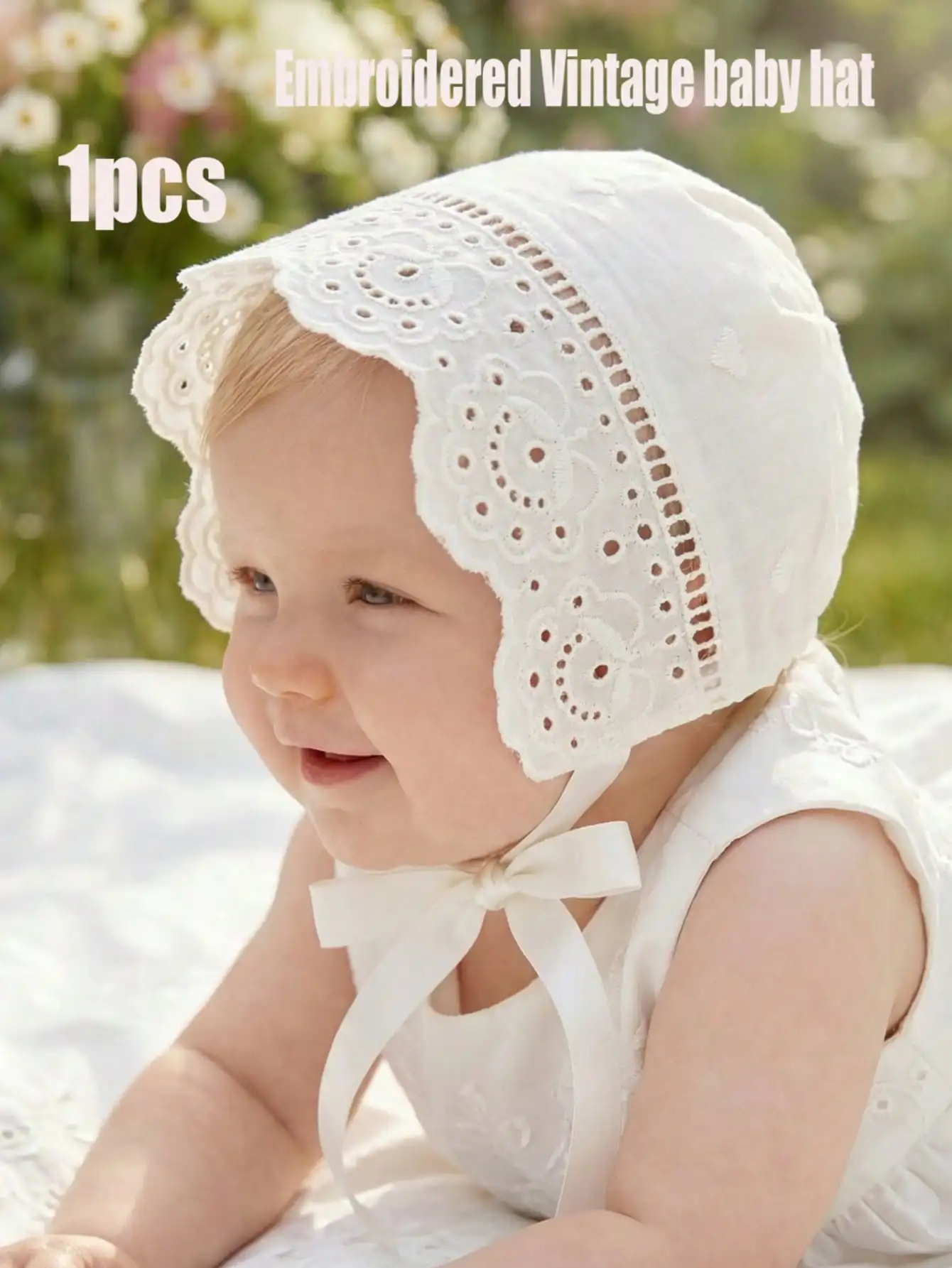 

1Pc Retro Court Style Beige Embroidery Lace Baby Hat Soft Floral Bonnet For Newborn Girls 0-3/3-6 Months