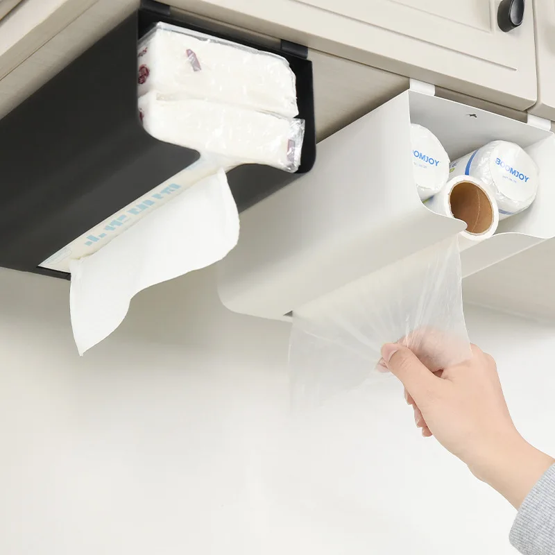 Kitchen fresh-keeping bag storage rack, no-punching paper towel rack under the cabinet, metal upside-down multi-functional