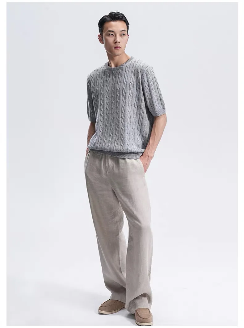 Old Qian Niuhua texture pure cashmere business casual round neck short sleeve T-shirt men's short sleeve