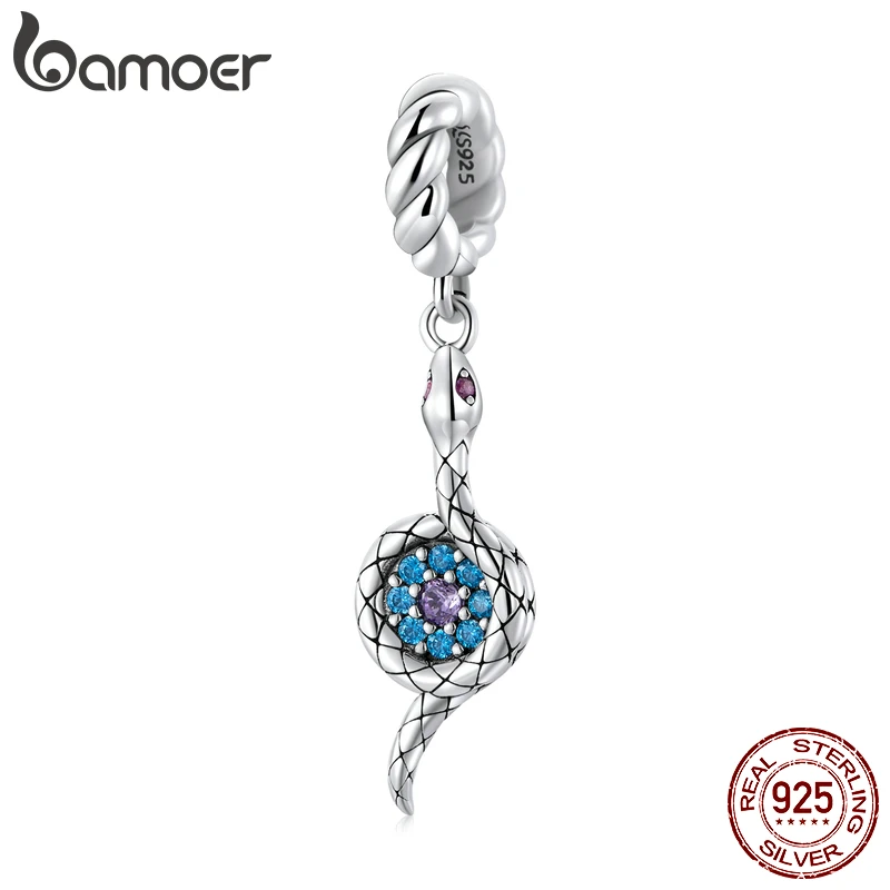 BAMOER 925 Sterling Silver Snake Demon Eye Pendant Blue Zircon CZ Diamonds Charm for Original Bracelet Bangle DIY Making Jewelry