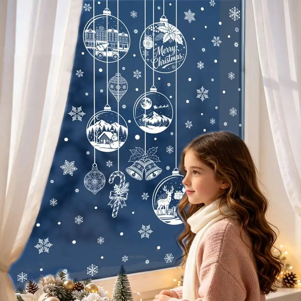 Christmas Creative Hanging Ball Glass Electrostatic Sticker with Candy Stick Snowman And Snow House Design for Holiday Decor