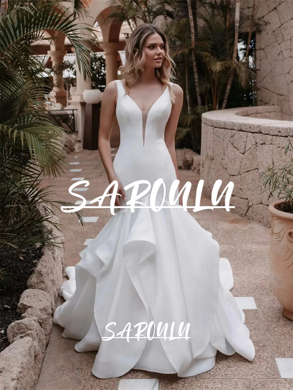 

Customized Size Satin Long Wedding Dress for Brides 2025, Draped Fit and Flare Skirt Bride Dresses Sleeveless Modern Bridal Gown