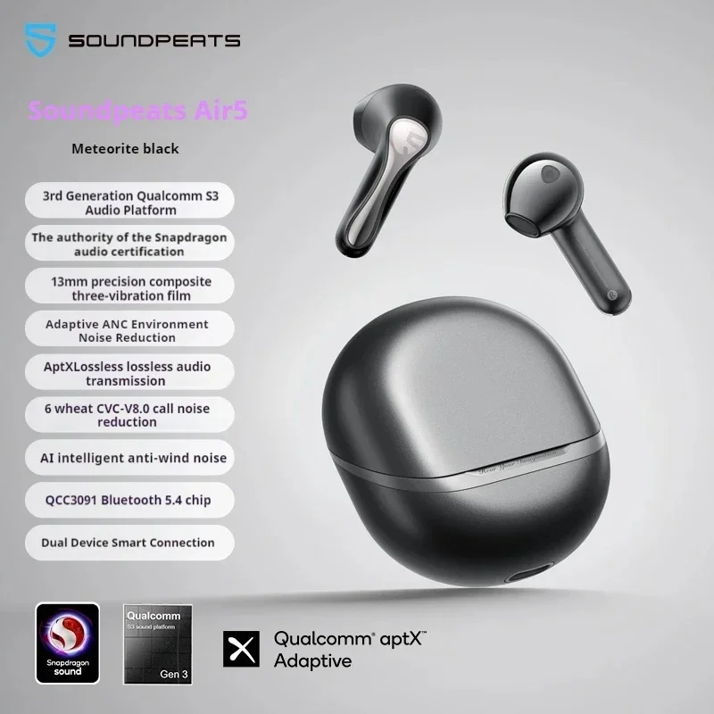 Soundpeats Air5 Wireless Bluetooth Earphones AI ANC HiFi APTEX Lossless Earbuds Waterproof Game Sports Noise Reduction Earphones