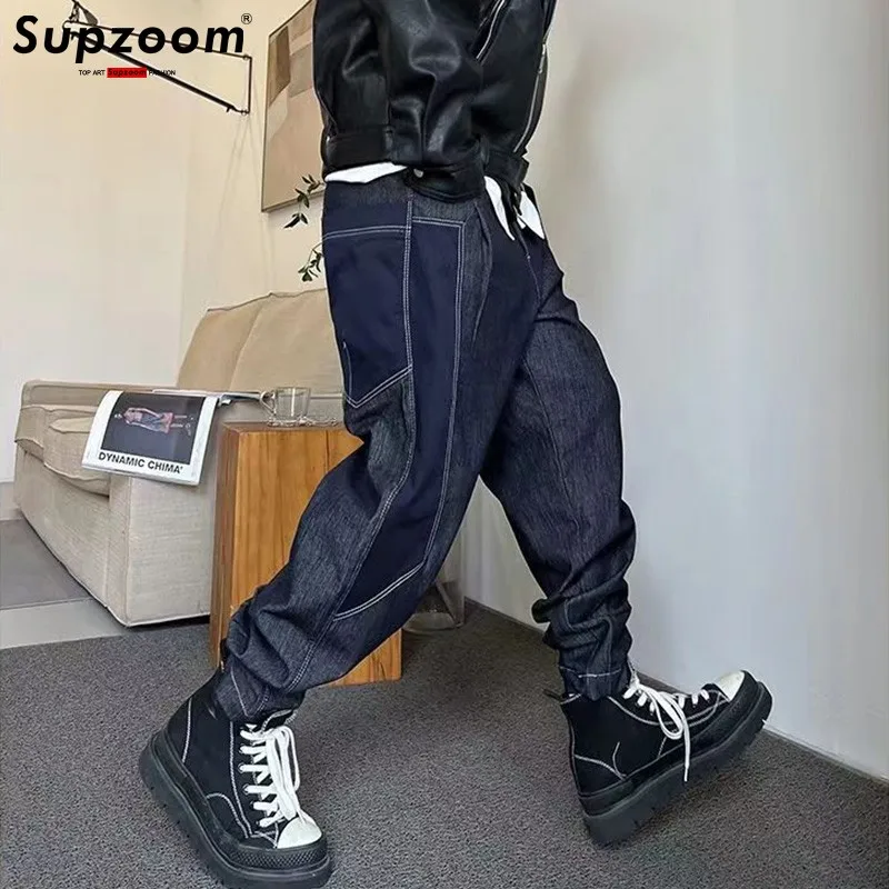 

Supzoom New Arrival Hot Sale Top Fashion Autumn Zipper Fly Stonewashed Casual Patchwork Cargo Denim Pockets Cotton Jeans Men