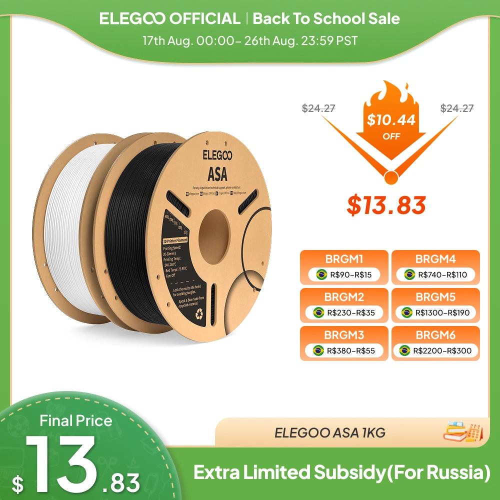 Filamento ASA ELEGOO 1.75mm 1KG, Resistente a UV e Intempéries, Filamento para Impressora 3D Perfeito para Peças Funcionais Externas 1KG Preto Branco