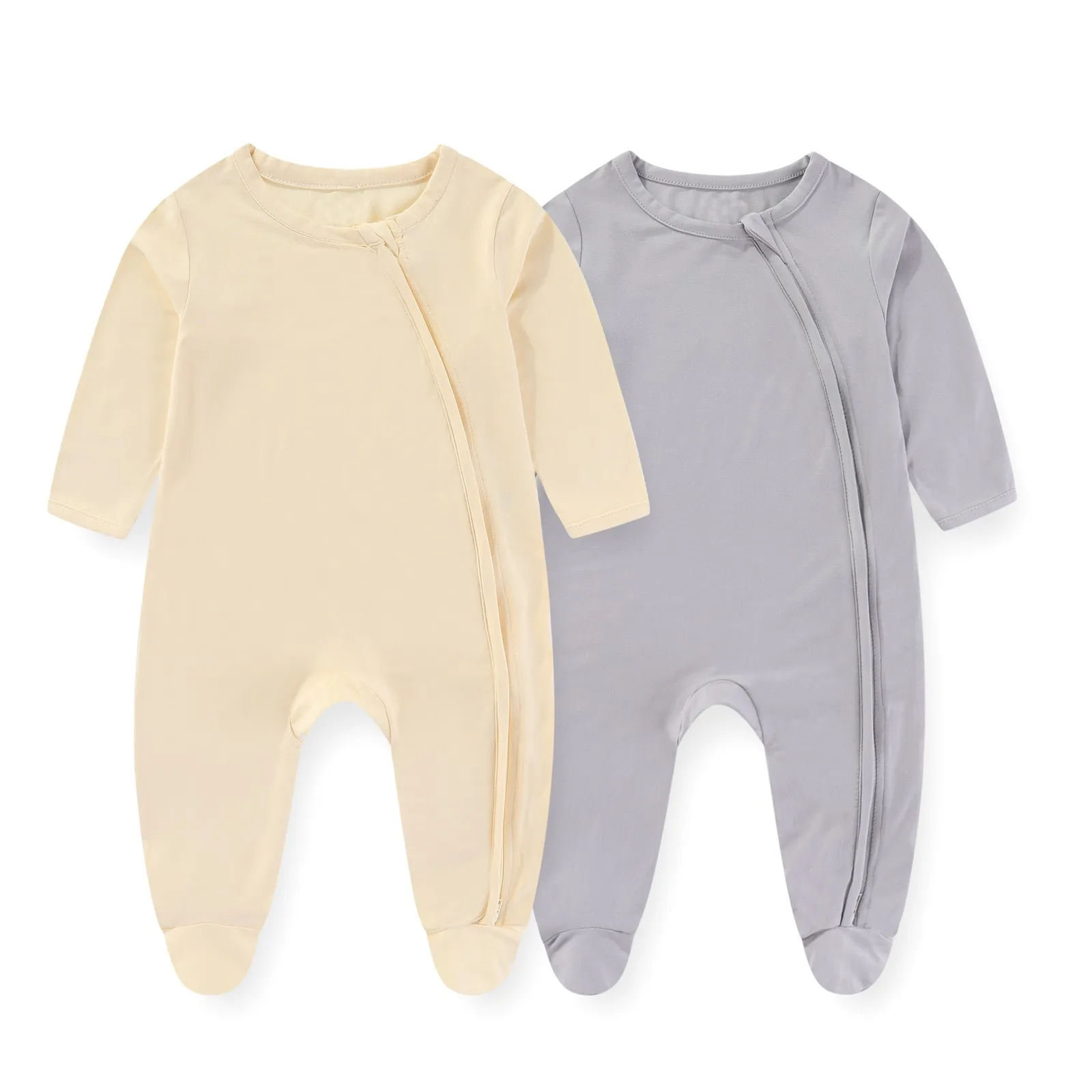 Monos de algodón Unisex para bebé recién nacido, ropa de manga larga con cremallera de 2 vías, Color sólido, 0-12M, Otoño, 2 piezas