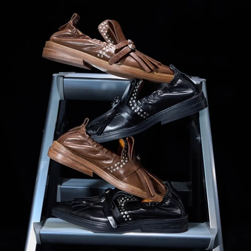

New Design Fashion Metal Punk British Style Pointed Toe Flat Bottom Single Shoes Women's Genuine Leather Loafers Tassel Oxfords