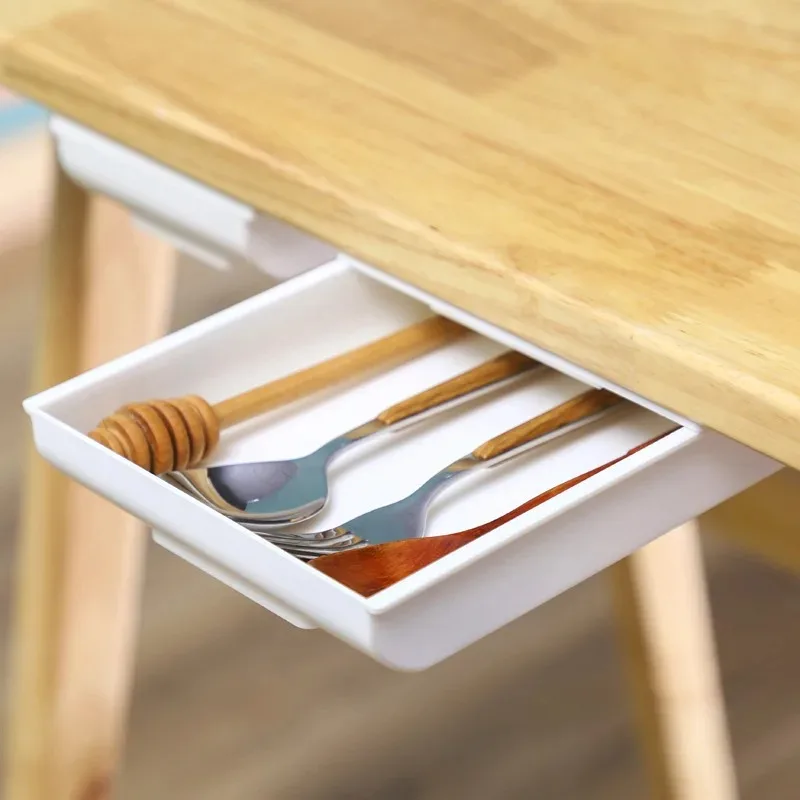 1 Pc Self Stick Pencil Tray Desk Table Storage Drawer Organizer Box Under Desk Stand Self-adhesive Under-drawer Storage