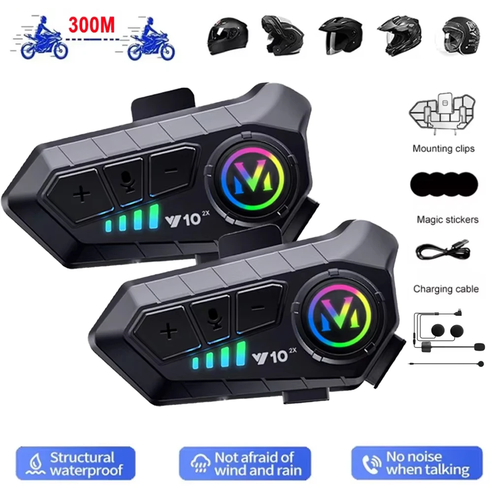 1/2Pcs Y10 2x Motorcycle Helmet Intercom 300M Wireless Interphone Bluetooth 5.3 Intercomunicador Walkie Talkie Moto Accessories
