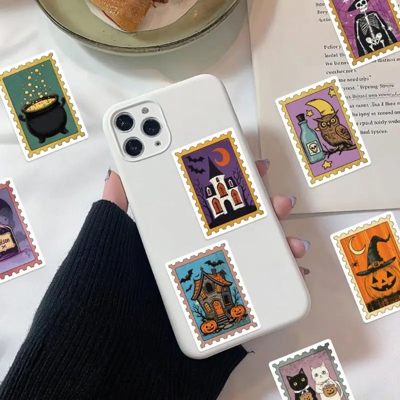 Spooky Season Stickers, 50-Piece Perforated-Border Design Set with Pumpkins, Bats, Black Cats, and Witches for Journals and Gift