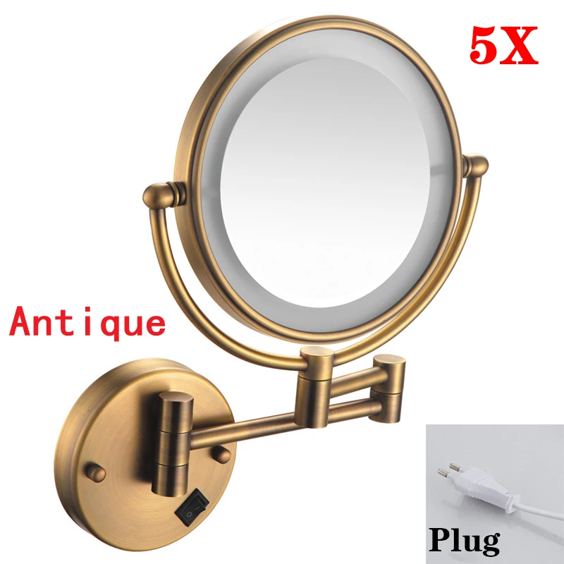 Rose Gold Led Opvouwbare Badkamerspiegel Wandmontage Verlichte Home Hotell Badkamer Make-upspiegel 5X Vergrotende Plug Badspiegels