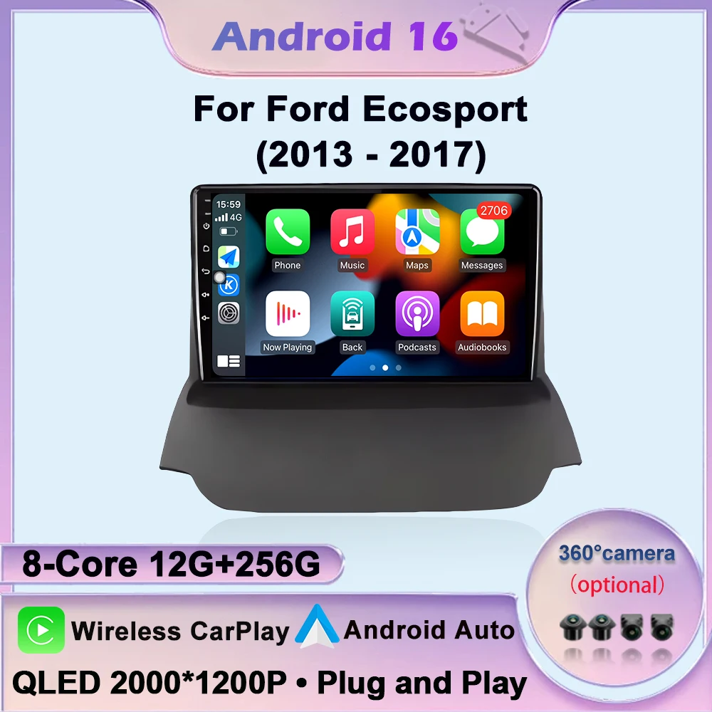 Carplay Android 16 Auto For Ford Ecosport 2013 - 2017 Car Radio Multimedia Video Player GPS Navigation Bluetooth DSP 9 Inch