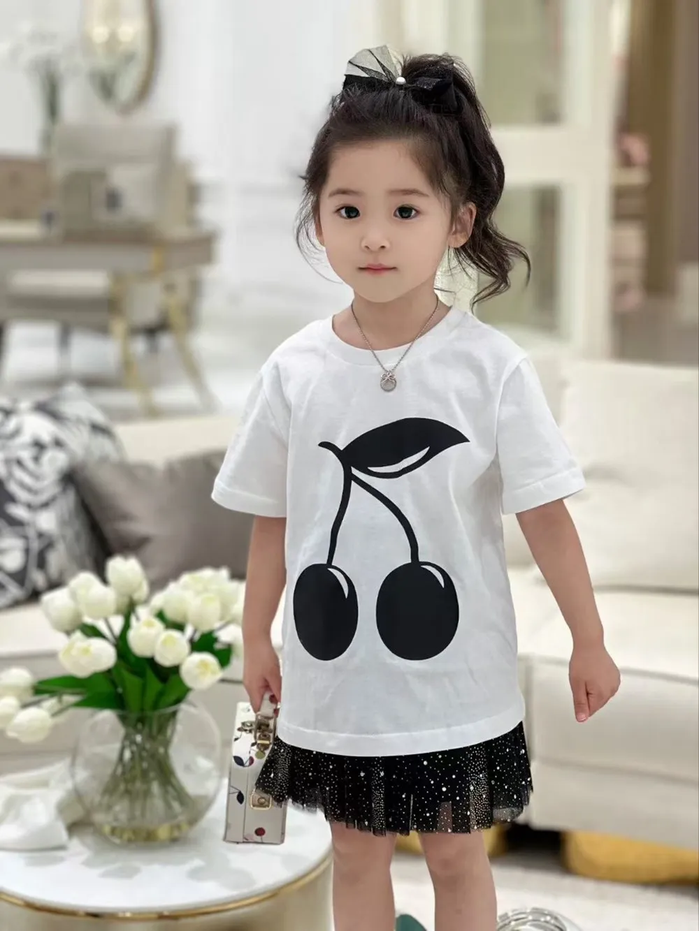 

summer kids girl clothes baby girl clothes baby tops cotton tees Cherry patterned printed T-shirt Short sleeved cotton T-shirt