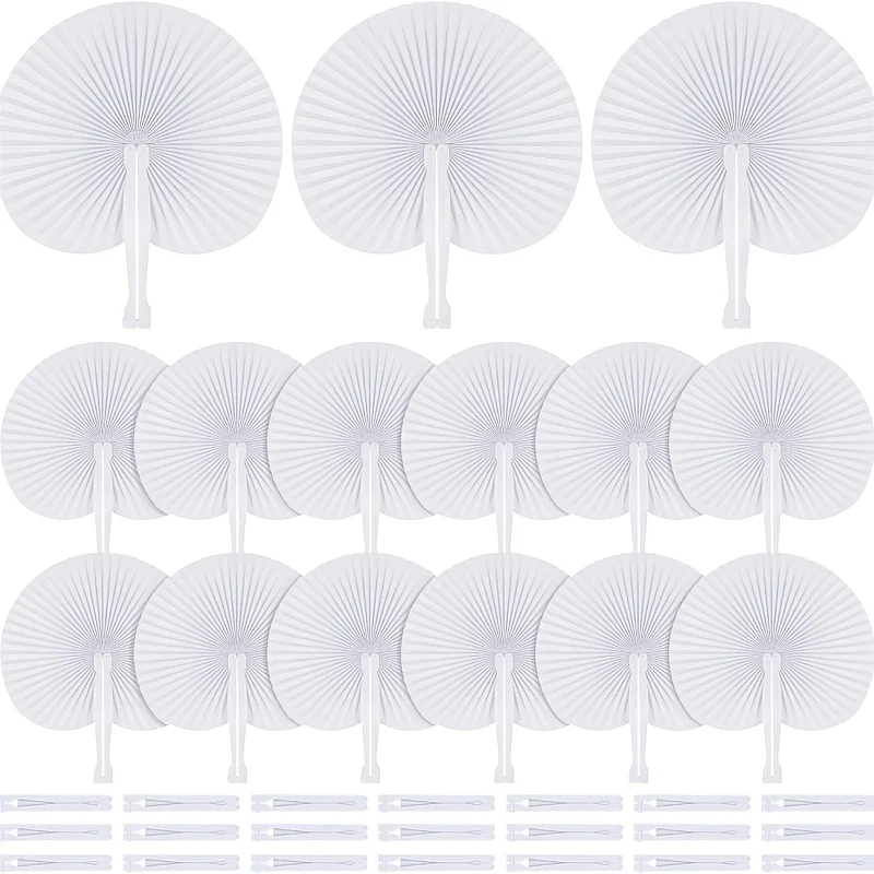 50 Pieces White Party Paper Fans Decorations Folding Fan Handheld Fan Round Shaped Paper Fans with Handle Hand Fans for Wedding