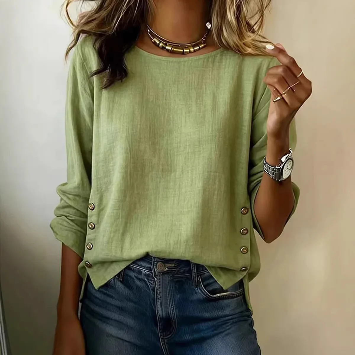 Women's Long Sleeve Blouse Round Neck Button Decor Shirt Versatile Knit Top Office Daily Wear Solid Color Ladies Pullover Blouse