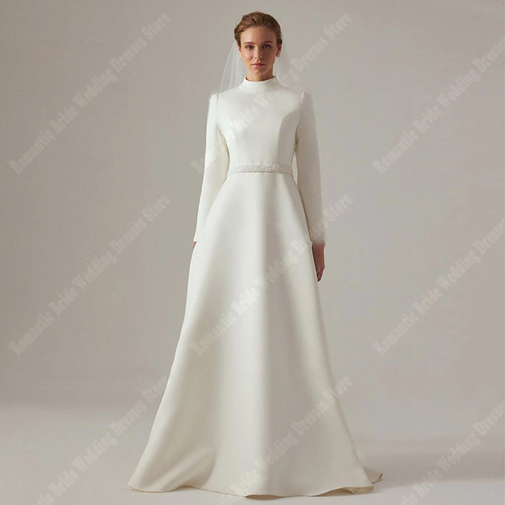 Abiti da sposa da donna in tessuto di raso Boho Abiti graziosi a maniche lunghe Stile minimalista Lunghezza lavaggio Abiti da festa a-line personalizzati