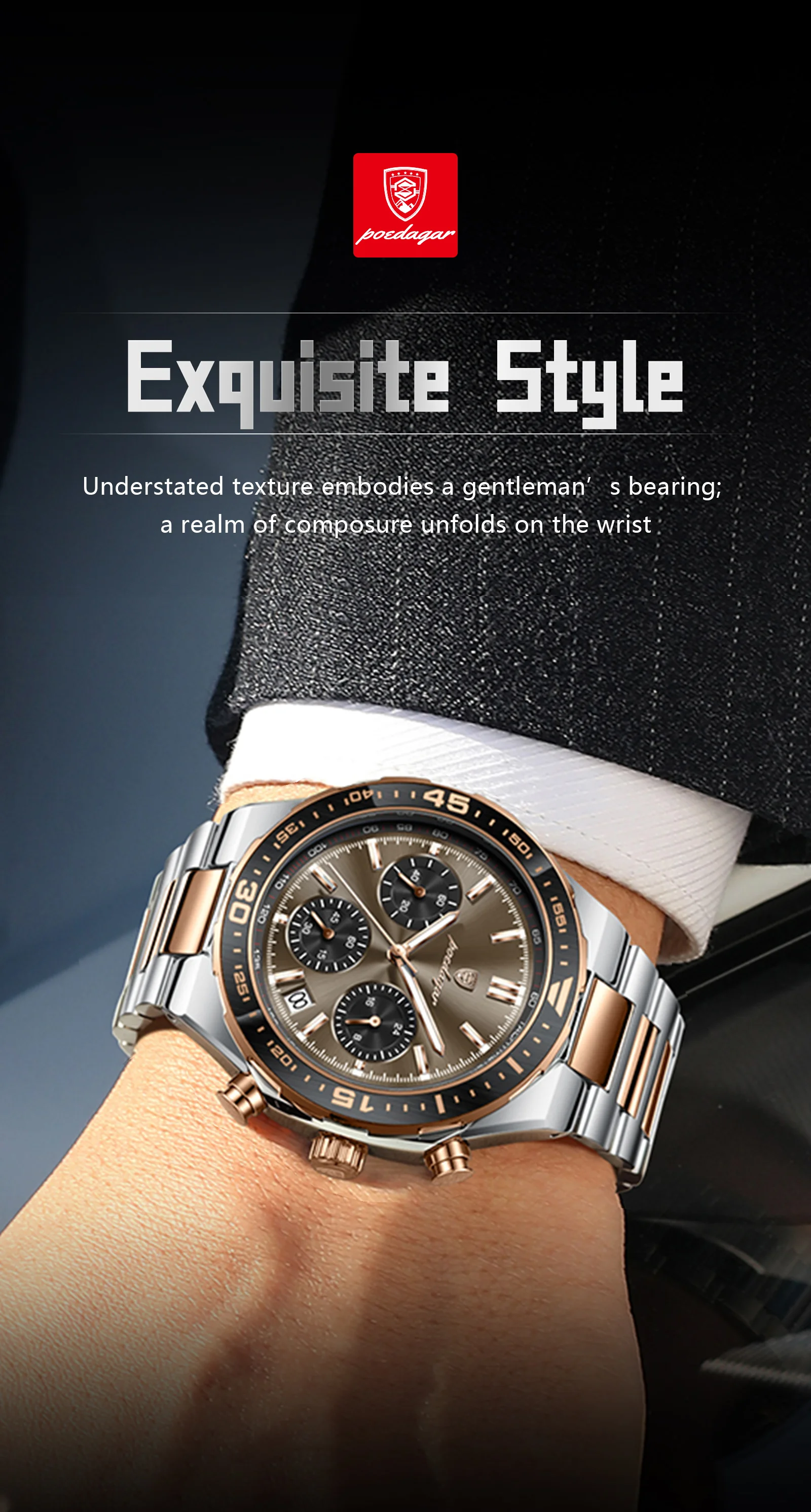 POEDAGAR Luxus Mode Herrenuhr Wasserdicht Leuchtend Quarz Sportuhr Datum Chronograph Business Herrenuhren Männliche Armbanduhr – Detail 14