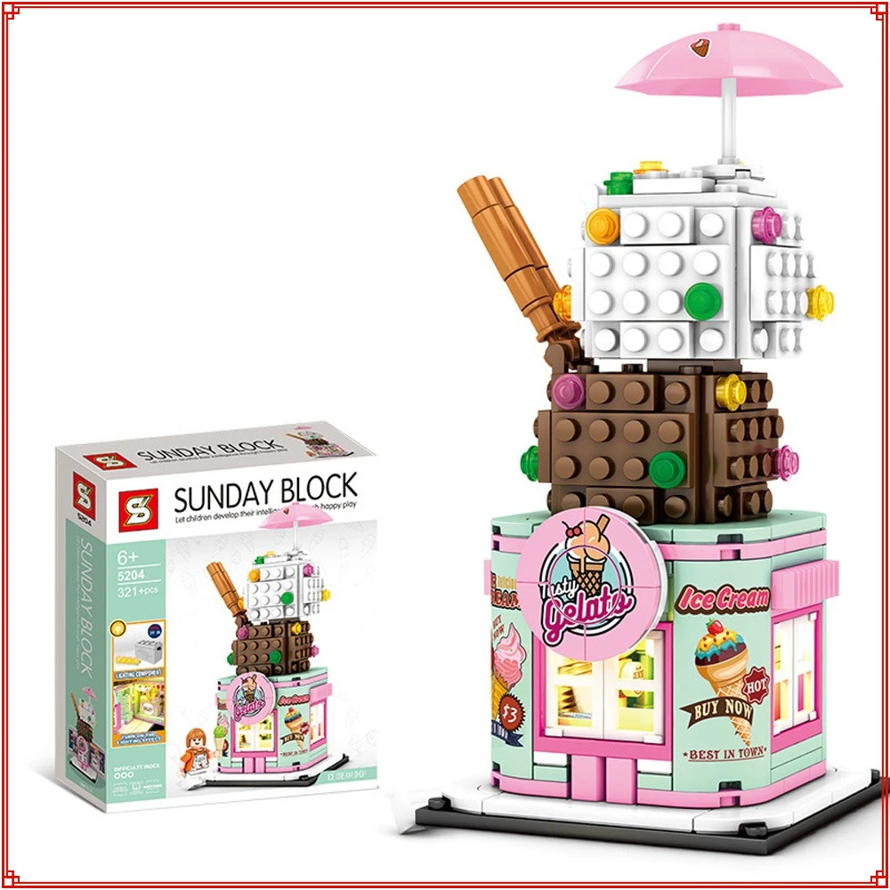 Light Street View Series Building Blocks Hair Salon Ice Cream Shop Assembling Puzzle Model Toys Desktop Decorations Holiday Gift