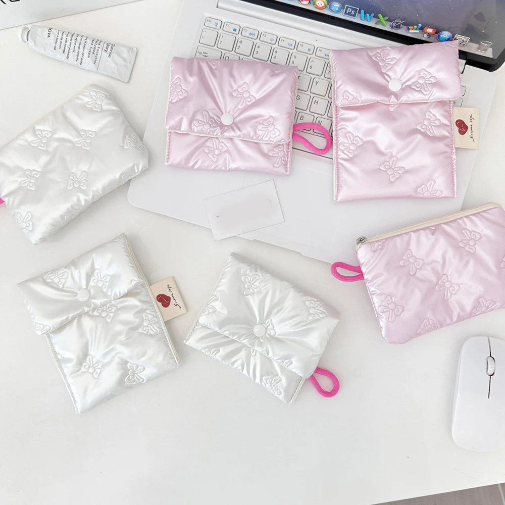 Ins Silver emboss Love Bows Coin Purse Cute Clutch Bag Coin Pouch Mini Pink Key Lipstick Earphone Storage Bag Portable Coin Bag