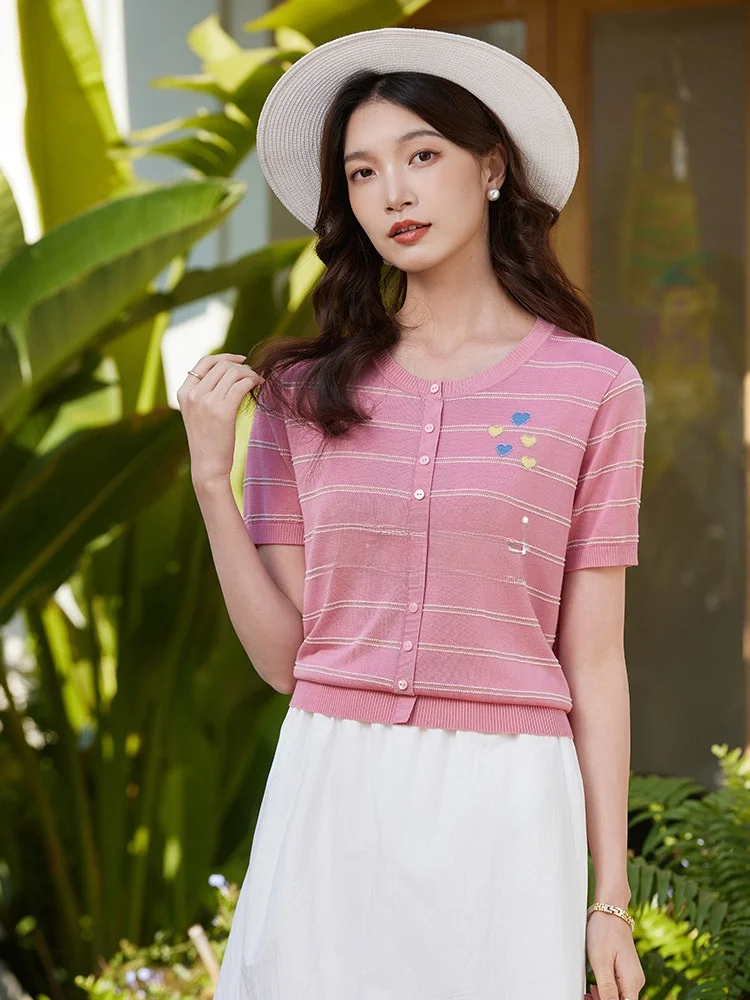 Laiselis C9196 Blusa Feminina de Tricô Listrada com Gola Redonda, Viscose Macia, Estilo Casual, Caimento Regular, Nova Chegada de Verão