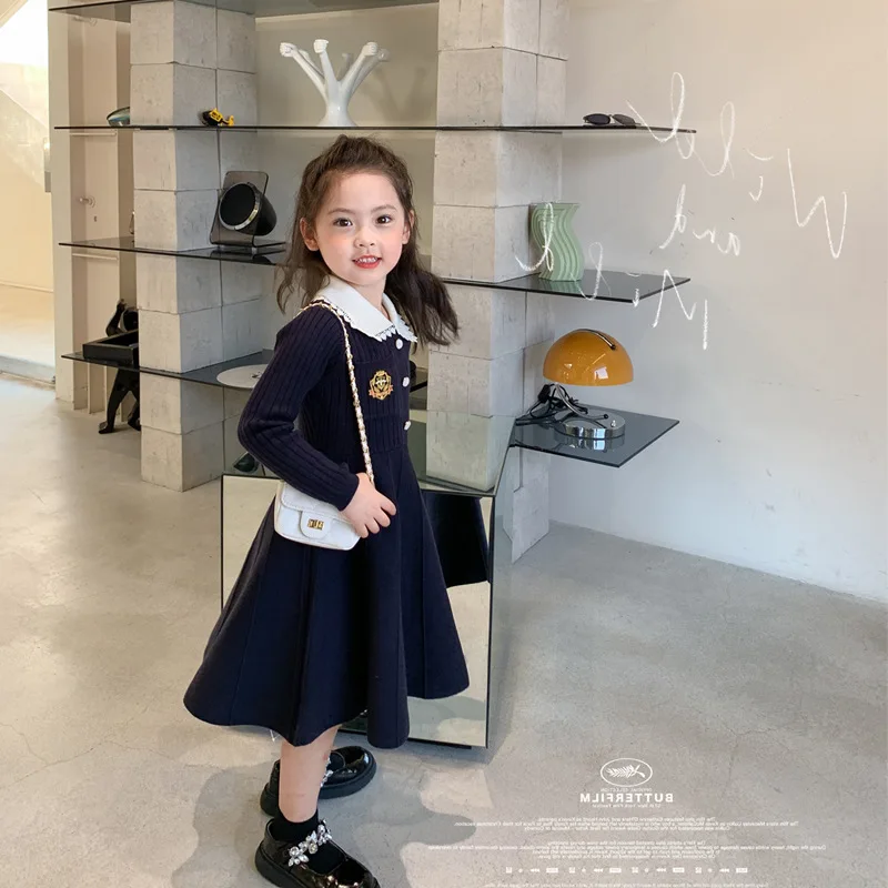 Girls' Campus Style Knitted Dress 2024 Spring and Autumn New Baby Bottom Sweater Long Sleeve Collar British Fashion Dress