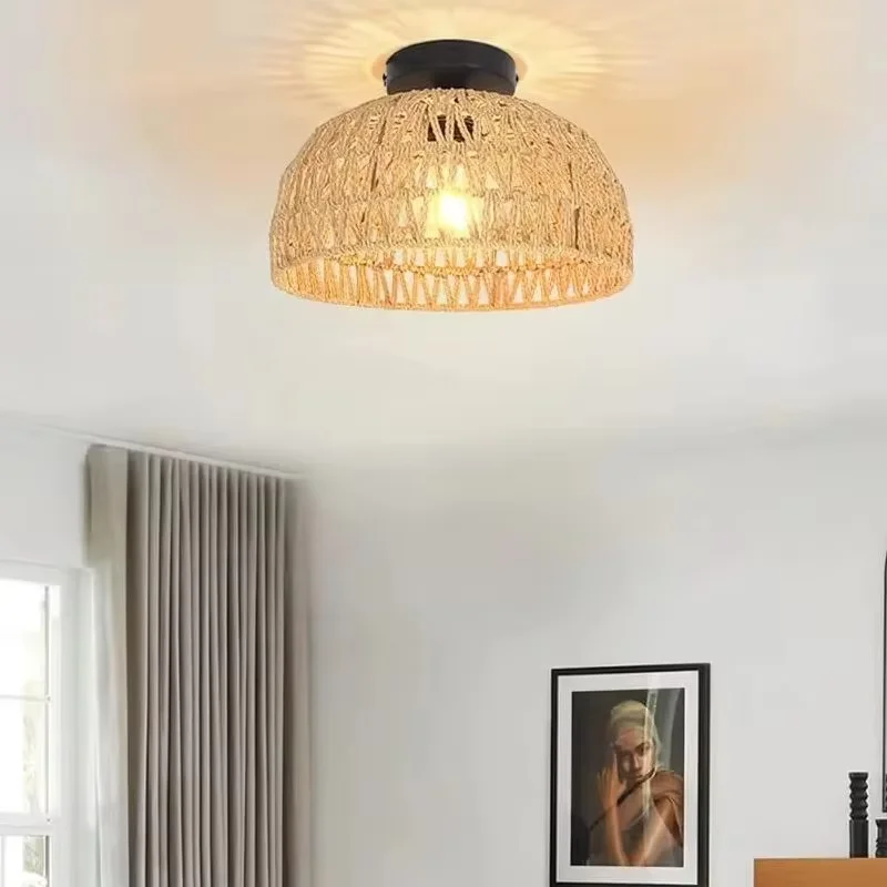 Minimalist Ceiling Light Lampshade, Retro Woven Handmade Natural Rattan Lighting Lampshade for Bedroom and Hallway Decoration