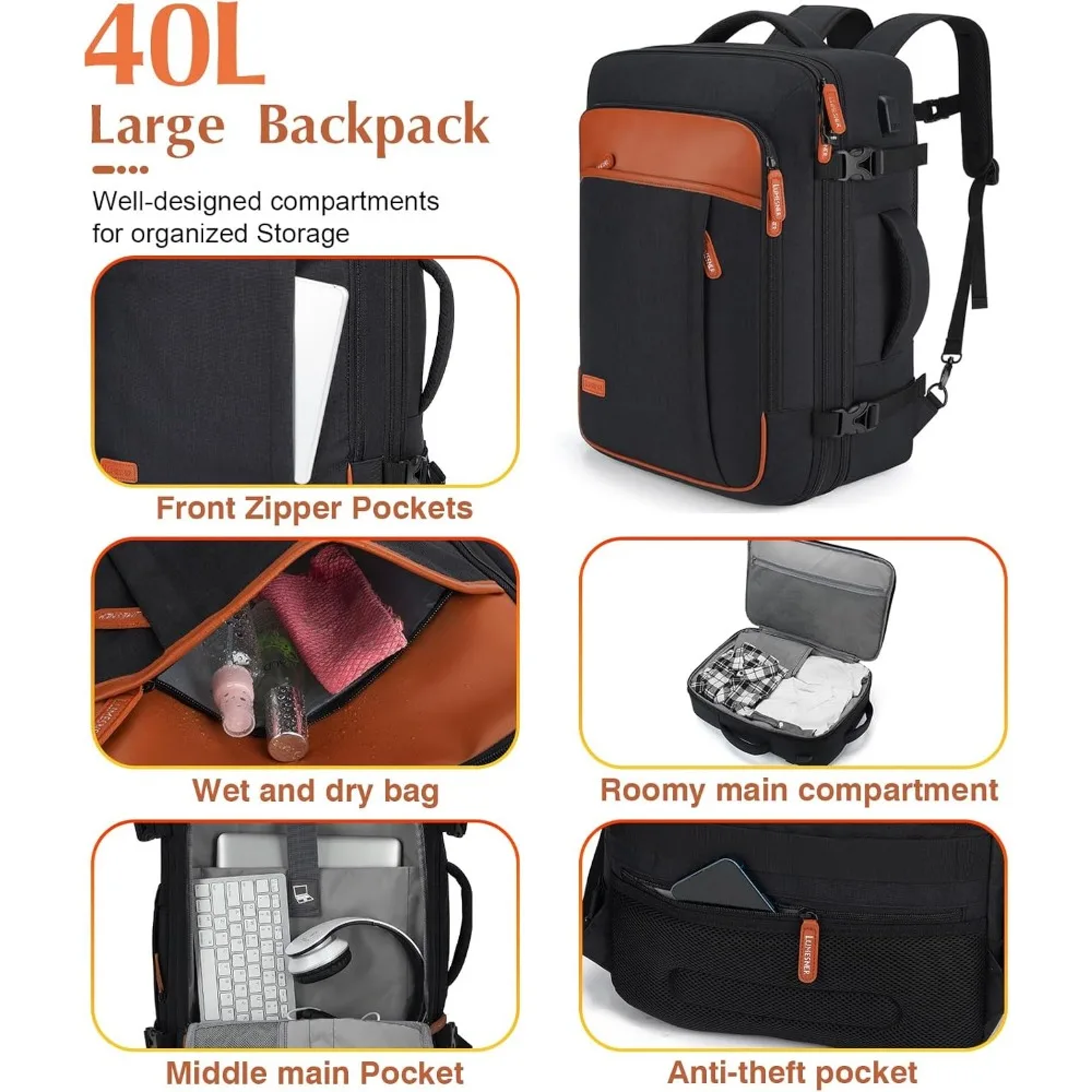 Juego de equipaje de 5 piezas con mochila de viaje, 20 maletas giratorias rígidas de mano, cerradura TSA, PC duradero, negro