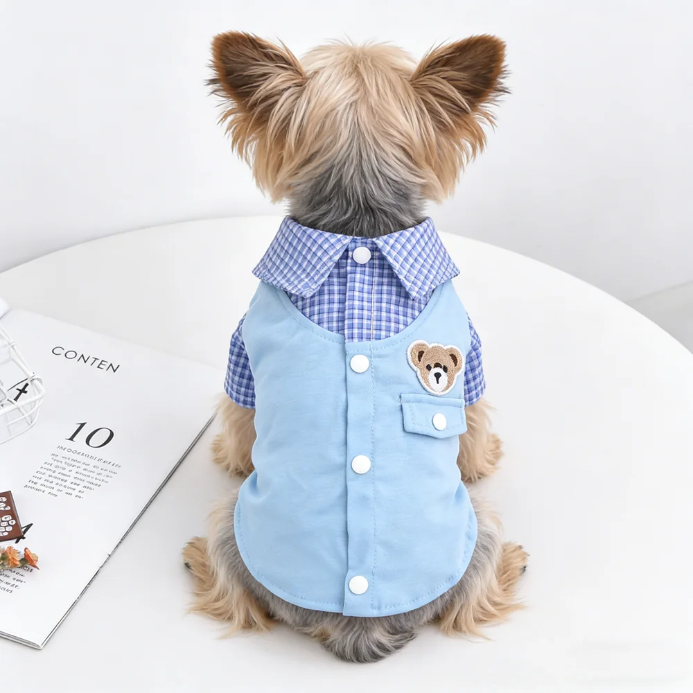 Cute Bear Pet Fake Two-Piece Shirt Plaid Collar Dog Clothes for Small Chihuahua Yorkie Puppy Cat Spring Summer Breathable Outfit