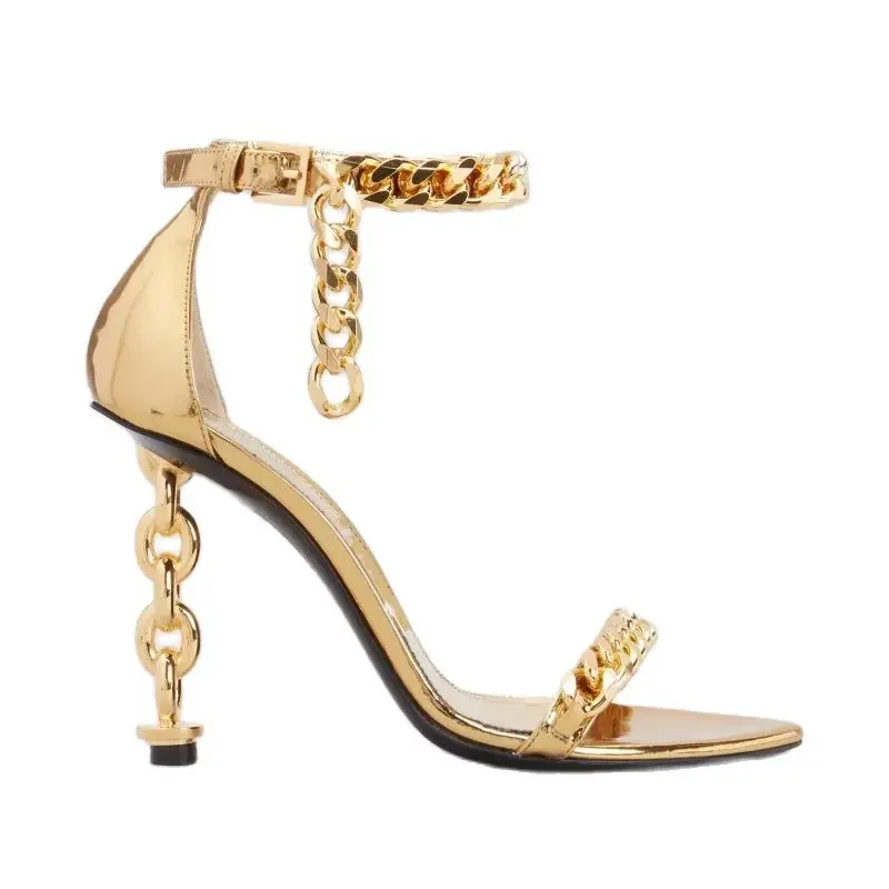 

New Sexy Pointed Metal Decoration/Belt Buckle/Shaped High Heel Sandals Metal Chain Fashion Hollow Heel Sandals Nightclub