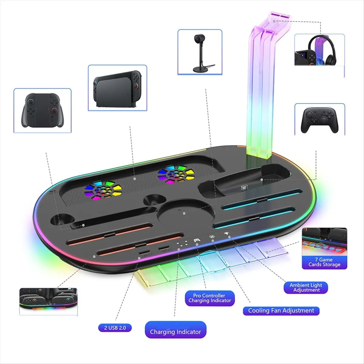 

【КУПИТЬ СЕЙЧАС】Для Switch 2, многофункциональная док-станция для зарядки контроллера NS2 с RGB-подсветкой, охлаждающее зарядное хранилище, белый цвет