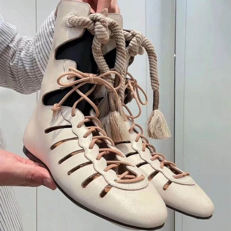Women's High-top Openwork Lace-up Style Boots Flat-heeled Eyelets Shoes