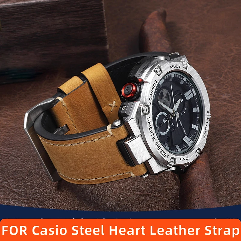 

For Casio Steel Heart Watch Strap Men's GST-B100/W300/S140/400 Series Recessed Retro Leather Trendy Black Dark Brown Watch Strap