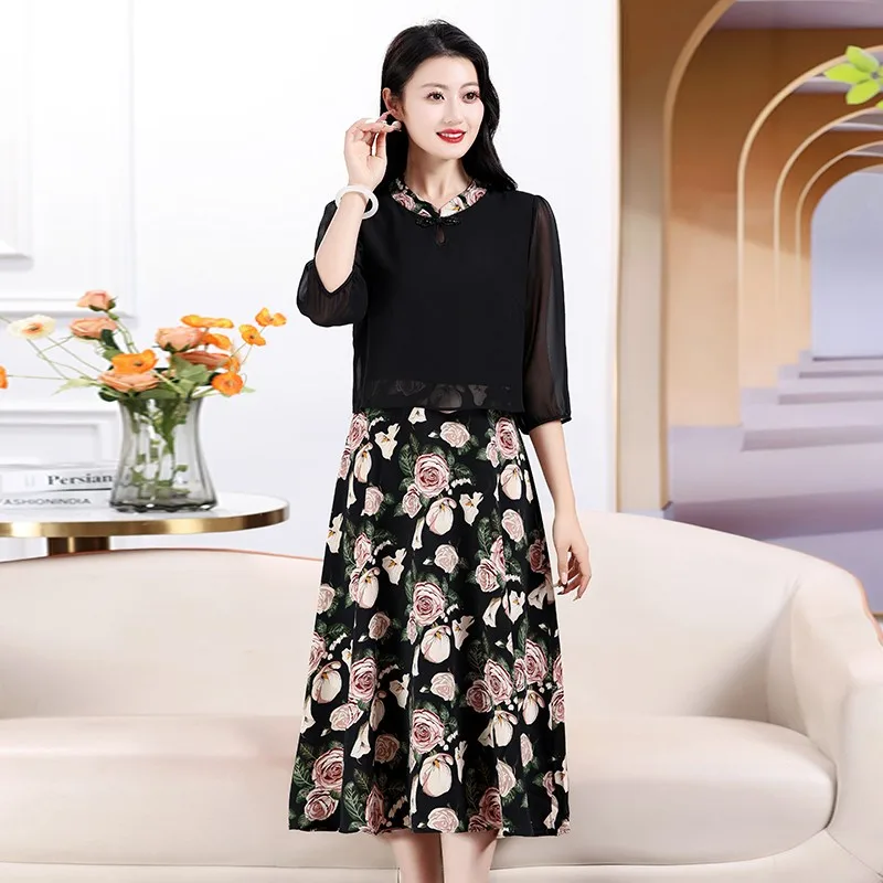 

t Fashion Patchwork Fake Two Pieces Half sleeve Dress Woman Summer New Office Lady Commute Oversized Loose Print Dresses